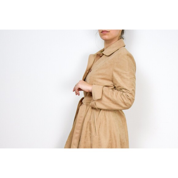 1970s Camel Trench Coat Size Medium 70s Minimalist Jacket Tan Wrap Trench Coat - Picture 4 of 10
